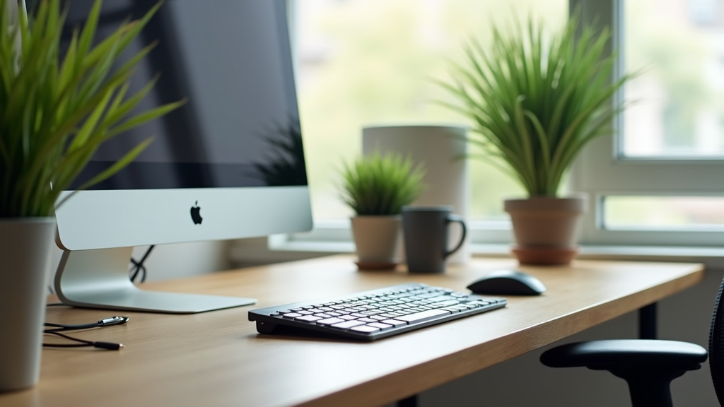Ergonomic workspace with keyboard, mouse, and natural lighting
